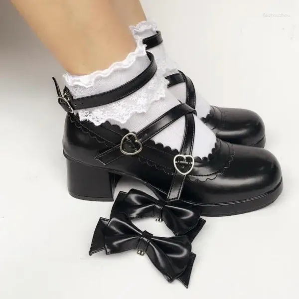 Zapatos de vestir Sweet Bows Cross Straps Lolita Heels Cosplay Bombas japonesas para mujeres Negro