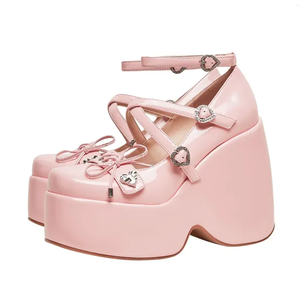 Chaussures habillées coeur doux Cordeaux Mary Janes Femmes Pink T-Strap Plateforme Chunky Lolita Woman Cosplay 43