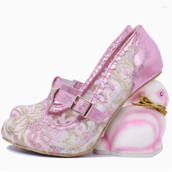 Zapatos de vestir tacones rosados dulces bombas de encaje floral t- correa de correa