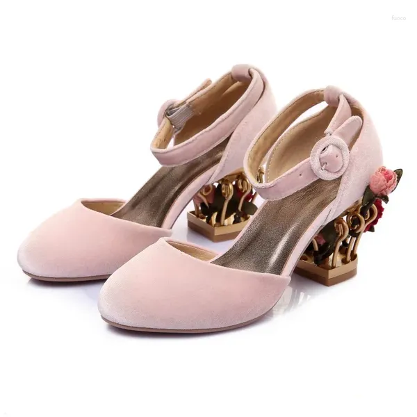 Zapatos de vestir Sweet Pink Terciopelo Flor Pájaro Jaula Tacones Sandalias Verano Metal Chunky Mujer Tobillo Correa Boda