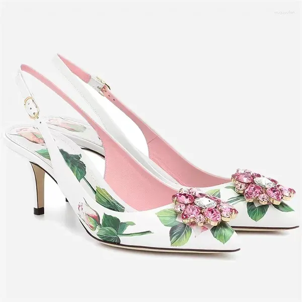 Zapatos de vestir de color rosa dulce gema de cristal bombas de flores florales tacón alto punta punta de verano sandalias boda