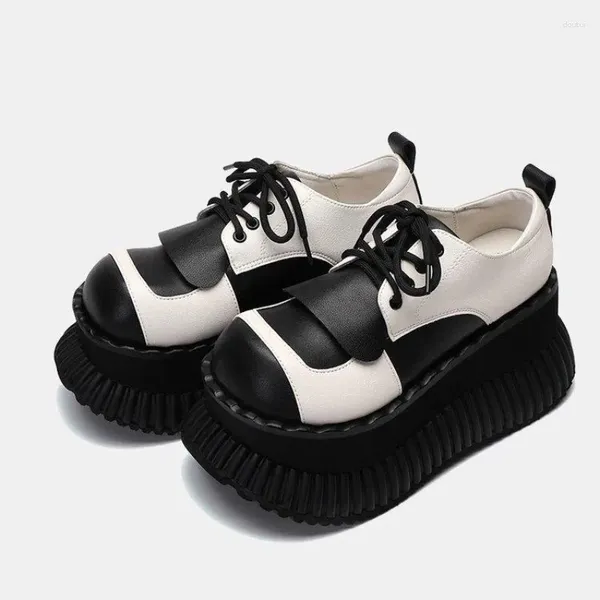 Chaussures de robe Mocassins à lacets à fond épais Femmes Rehaussant Laid Mignon Grosse tête Muffin Y2K Pompes Fille Noir Punk 2023