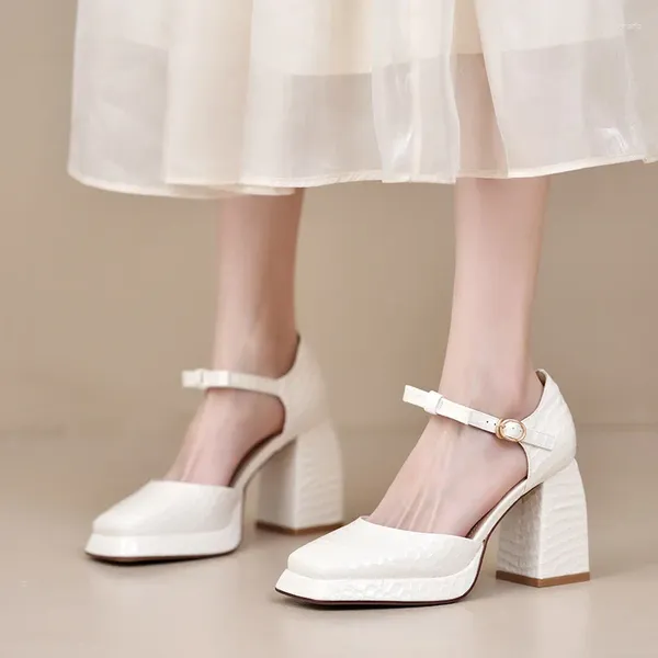 Robe chaussures talons épais blanc Mary Jane pour femmes bout carré noeud papillon bride à la cheville fête femme PU cuir plate-forme pompes hautes