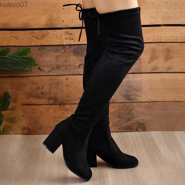 Chaussures de robe Cuisse Haute Chaussette Bottes Femmes Au-dessus du genou 2023 Automne Hiver Chunky Talons Noir Designer Élégant Sexy Talon Moyen Livraison Gratuite L2402