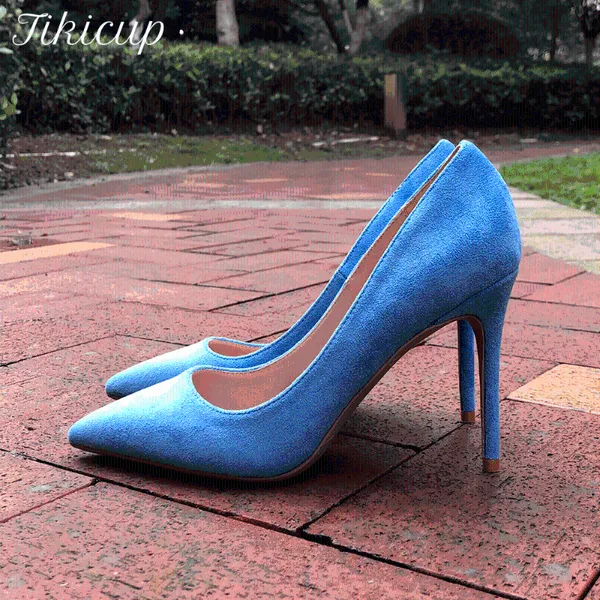 Chaussures habillées Tikicup bleu daim synthétique femmes bout pointu sans lacet talons hauts dames élégantes talons aiguilles doux pompes OL