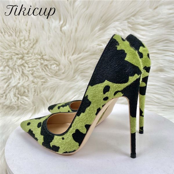 Zapatos de vestir Tikicup Hairy Grafitti Pattern Mujeres Green Pointy Toe Zapatos de tacón alto Diseño único Sexy Slip On Stiletto Pumps Plus Size 33-45 230203