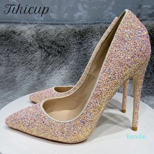 Dress Shoes Tikicup Pink Glitter Pailletten vrouwen puntige teen hak voor feest sexy dames glijden op stiletto-pompen plus maat 33-45