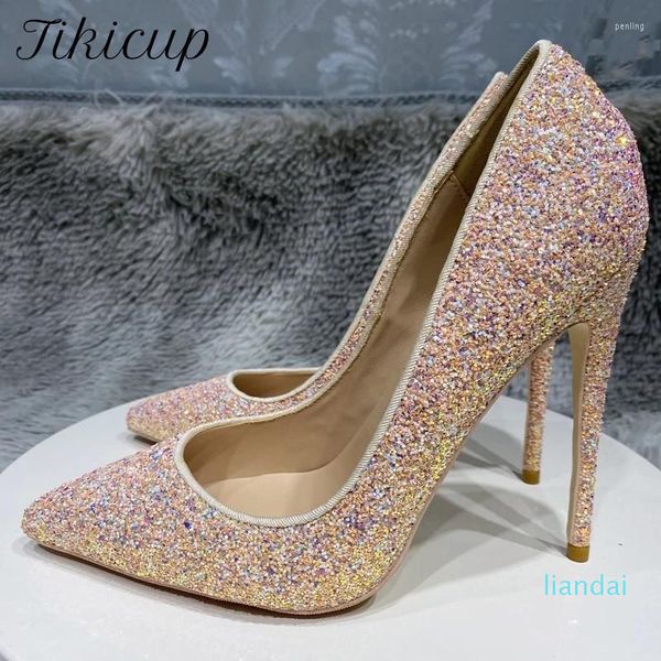 Zapatos de vestir Tikicup Pink Glitter Sequins Mujeres Punta puntiaguda Tacón alto para fiesta Sexy Ladies Slip On Stiletto Pumps Plus Size 33-45