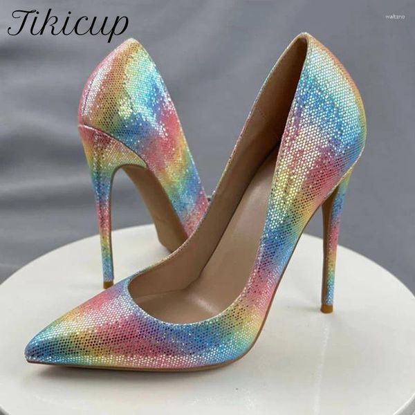 Chaussures habillées tikicup arc-en-ciel coloré stiletto pompes femmes sexy orteil pointu 12 cm les talons très hauts club de fête des dames plus taille