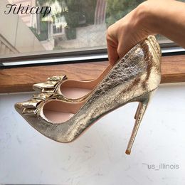 Zapatos de vestir Tikicup, zapatos de novia de boda de tacón alto con punta puntiaguda de oro mate suave para mujer, zapatos de tacón de aguja brillantes con lazo, talla grande 43 44 45