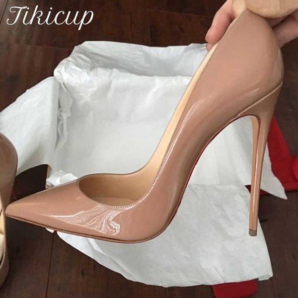 Chaussures habillées Tikicup Solid Nude Patent Women Pointy Toe Stiletto High Heels Slip On OL Wedding Party Dress Shoes Elegant Ladies Formal Pumps L230216