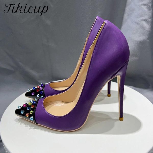 Chaussures habillées Tikicup Spikes Poinry Toe Femmes Violet Mat Talon Haut Party Sexy Ladies Slip On Designer Stiletto Pumps Personnaliser