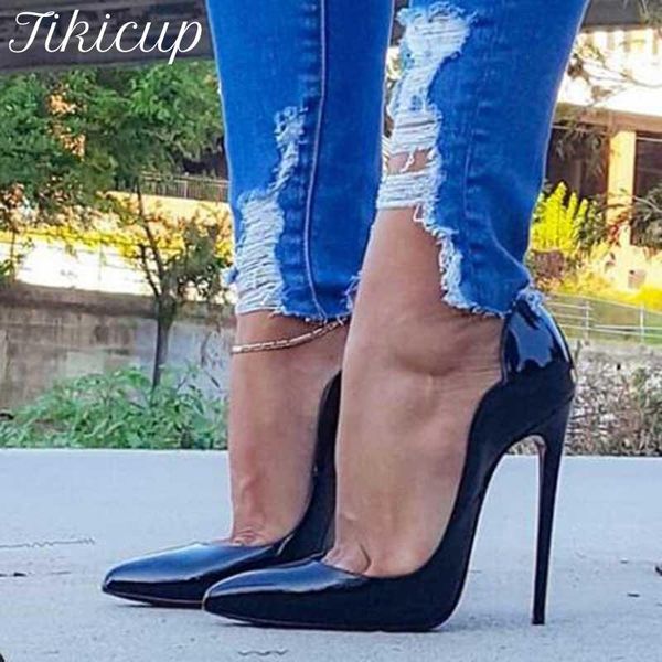 Zapatos de vestir Tikicup Mujer Wave Cut Sólido Negro Charol Pointy Toe Stiletto Pumps 8cm 10cm 12cm Tacón alto para damas elegantes