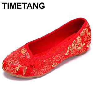 Jurk Schoenen TIMETANG Vrouwen Rode Flats Schoenen Oude Beijing Nationale Enkele Schoenen Chinese Bruiloft Bruid Draak Phoenix Borduurwerk Schoenen E204 L230721