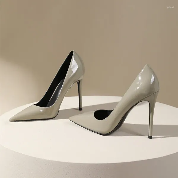 Zapatos de vestir de alta calidad elegante gris mujeres brillantes bombas de tacón alto oficina dama superficial otoño stilettos cuero genuino