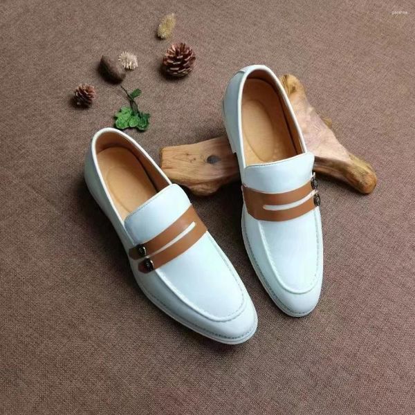 Zapatos de vestir de alta calidad de moda blanco con marrón para hombre de cuero punta redonda formal masculino elegante traje masculino casual oficina mocasines