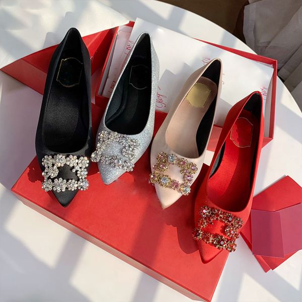Zapatos de vestir bombas de alta calidad para mujer diseñador zapatos de seda de diamantes fiesta boda rhinestone sexy versátil banquete mocasines hebilla multicolor zapato de oficina rosa
