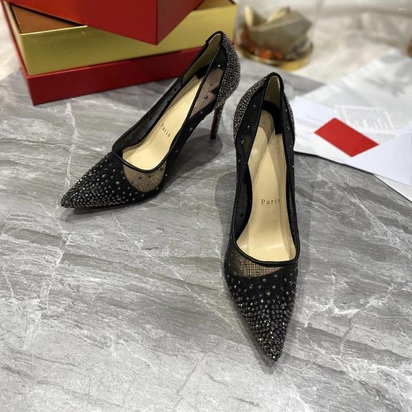 Robe chaussures de qualité supérieure femmes talons hauts luxe mode dames cristal brillant rouge semelle classique rétro designer talon 1516HJ