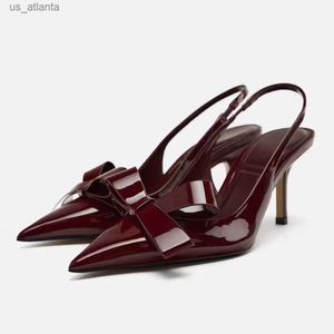 Chaussures habillées Traf Bow Patent Cuir Pompes pour femmes Womans Chic Toe pointu Talons du milieu Stilettos New Wine Red Slingbacks Sandals H240403