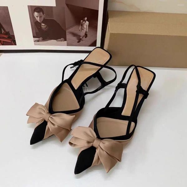 Chaussures de robe Traf Bow Spliced Pompes pour femmes 2024 Chic Khaqi Noir Sandal Sandal Fashion Slingback Stilettos Talons