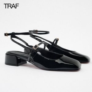 Chaussures habillées TRAF Fashion Wanita Pump Mary Jane Talons Chunky Bertali Hitam Tumit Kaki Persegi Lolita Sepatu Lucu Hak Tali Belakang 230425