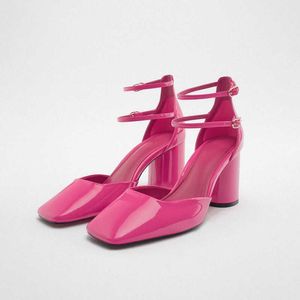 Zapatos de vestir TRAF Charol Tacones altos Moda para mujer Sandalias de tobillo con punta cuadrada Zapatos de tacón de bloque para damas Sandalias de dama de oficina rosa L230216