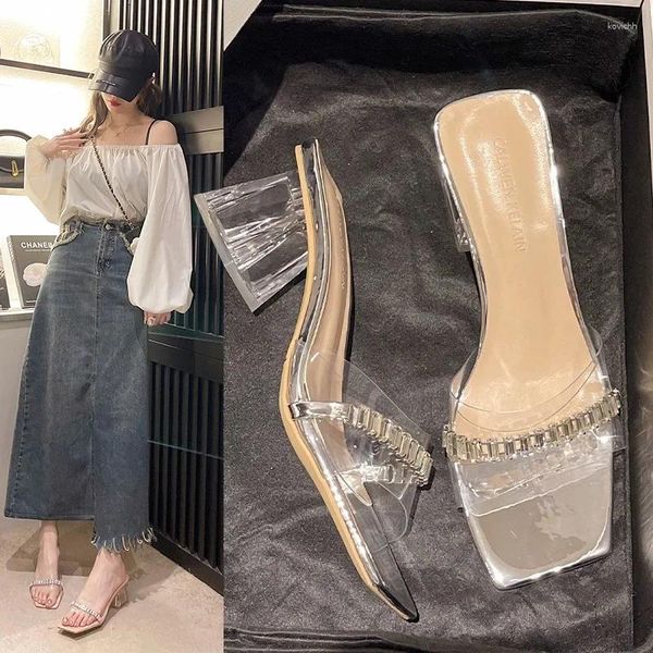 Zapatos de vestir sandalias transparentes tacones altos de la moda de verano dhinestone versátil para ropa externa 2024