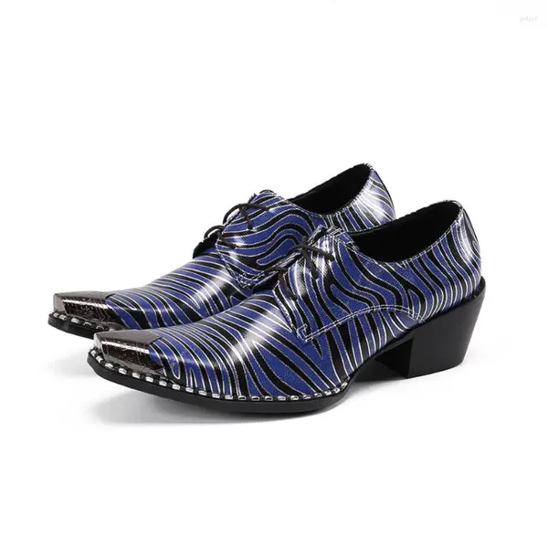 Chaussures habillées fer tendance pointues pointues Blue Striped Mend Ments Mens High Heels Genuine en cuir en cuir Up Suit Quality