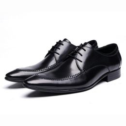 Chaussures habillées à la mode couture en cuir véritable hommes noir mariage haute qualité bureau carrière travail pinté orteil à lacets Dearby