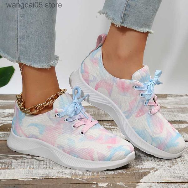 Chaussures habillées à la mode Tie Dye Casual Sneakers Femmes 2023 Automne Respirant Lace Up Flats Femme Plus La Taille 43 Non Slip Soft Bottom Chaussures De Marche T230818