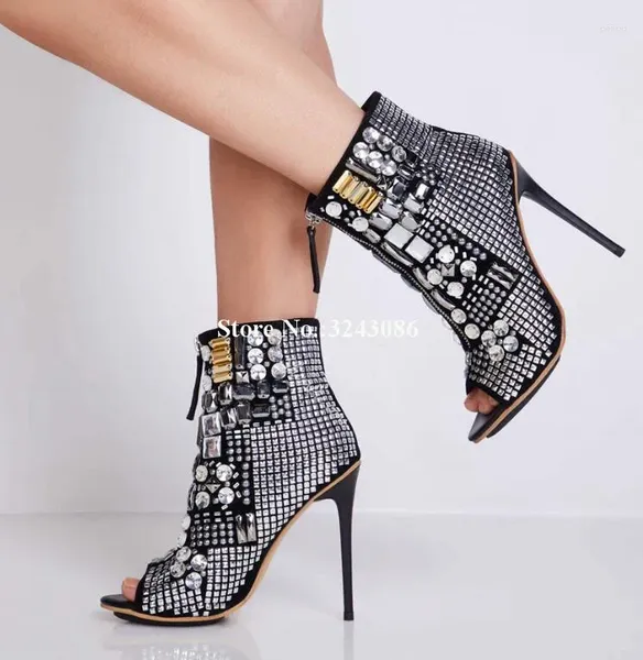 Zapatos de vestir Diseño único Señora Sandalias de cristal Botas de tobillo Moda Peep Toe Cremallera frontal Decoración de diamantes de imitación Gladiador Tacones de mujer