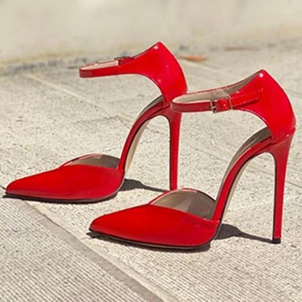 Zapatos de vestir Corte en V Correa de tobillo Tacón alto Rojo Amarillo Charol Cubierta Tacones Bomba de noche hueca 12 cm 10 cm 8 cm Talla grande 46
