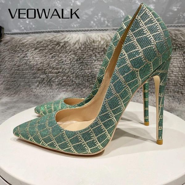 Chaussures habillées veowalk Gold Crocodile en relief Effet Femmes Green Pointy Toe Pumps Sexy High Talon pour la fête 8cm 10cm 12cm