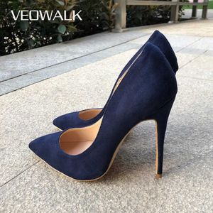 Chaussures habillées Veowalk Bleu Marine Femmes Synthétique Daim Talons Hauts Bout Pointu Slip sur OL Dames Stiletto Pompes 8 10 12cm Chaussures De Mariage De Mode