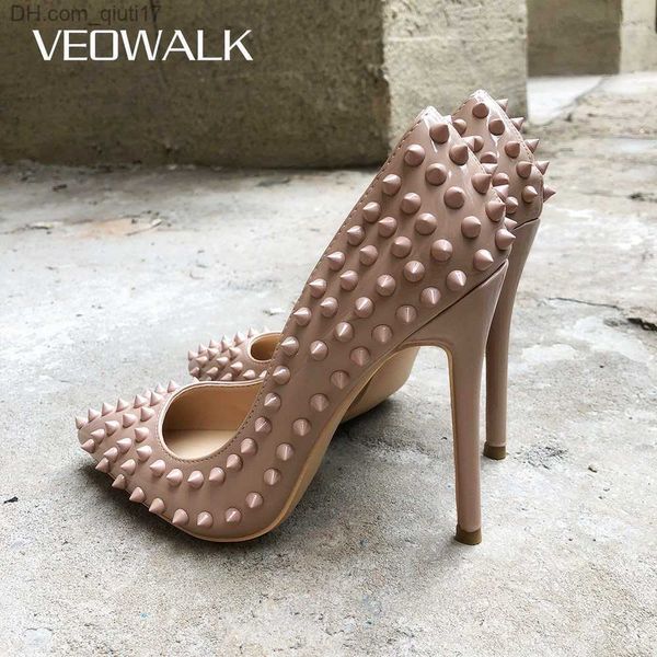 Chaussures habillées Veowalk Rivets Femmes Sexy Talon Haut Goujons En Caoutchouc Mode Femme Dot Toe Pompe De Fête Glissement Sur Des Talons Hauts Minces Nude Blanc Rose Z230804