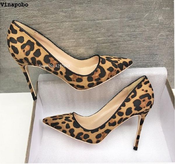 Zapatos de vestir Vinapobo Tacones altos Leopardo Mujeres Stilettos Bombas Oficina Lady Punta puntiaguda Flock Sexy 12 cm Boda Sapato Feminino