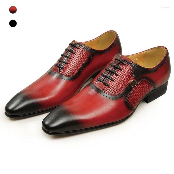 Chaussures habillées Business vintage pour les hommes tissage design rouge brogue oxford cuir pointu à orteil tissé motif lacet up zapatos hombre