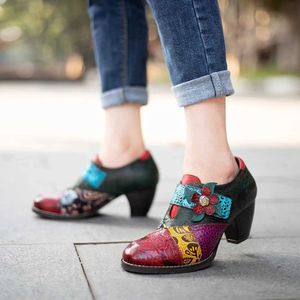 Zapatos de vestir Vintage hecho a mano estampado costura mujeres bombas Oxfords zapatos estilo étnico cuero genuino tacones altos mujeres azadas BroguesL231228