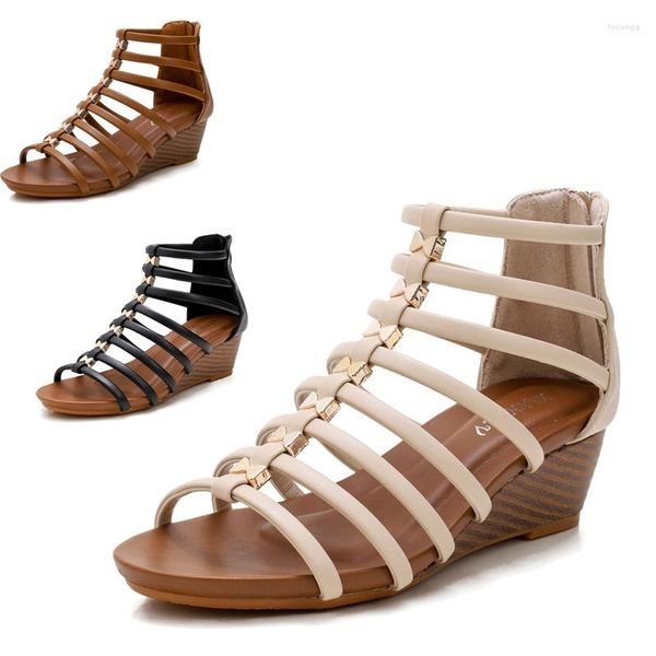 Zapatos de vestir sandalias romanas huecas vintage mujeres 2023 pendiente tacón dedo abierto con cremallera