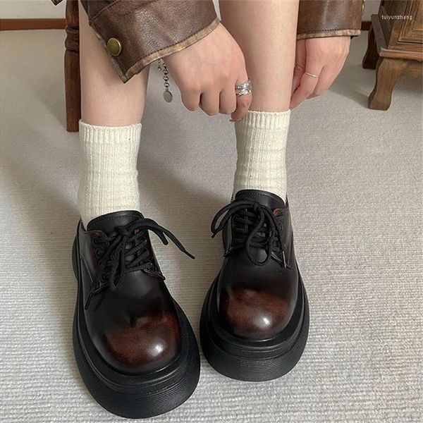 Zapatos de vestir Plataforma vintage Mujeres Fondo grueso Solo Casual Lace Up Oxfords Mujer Charol Lolita