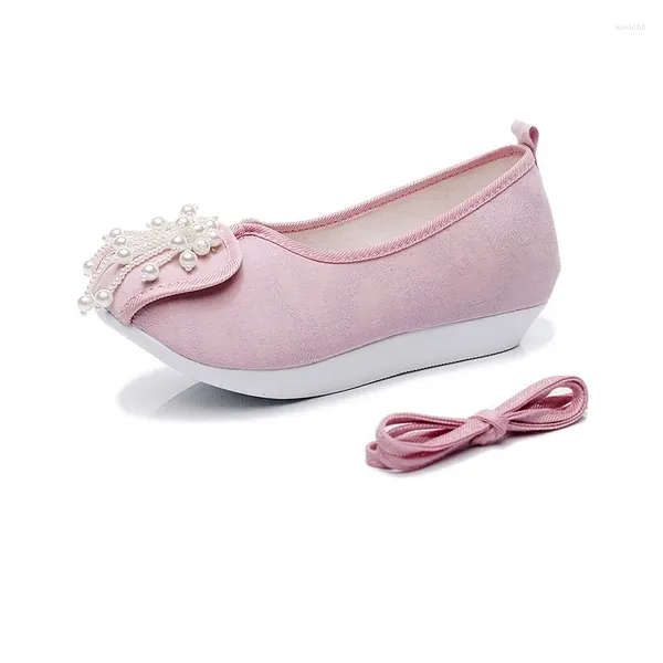 Zapatos de vestir Vintage Cabeza Redonda Mujeres Estilo Chino Tradicional Hanfu Bordar Tela Grueso Fondo Perla Borlas