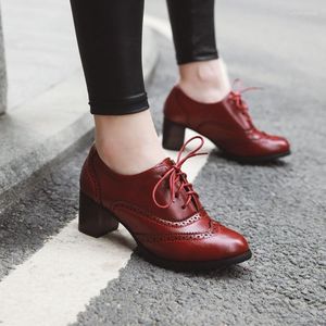 Dress Shoes Vintage Women Lace Up Pumps Square Heel Pointed Teen High British Style Oxfords Low Top Student 2023