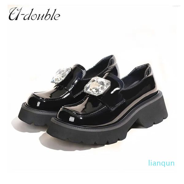 Chaussures de robe Vintage Femmes Plate-forme Mocassins Strass 2023 Véritable Cuir Chunky Dames Casual Rétro Bottes College Taille 33-43