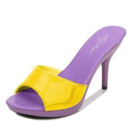Chaussures habillées Voesnees marque été pantoufles femmes couleurs mélangées PU talon fin 9cm extérieur sandale plate-forme sexy pantoufle diapositives talons H240321PU9770RA