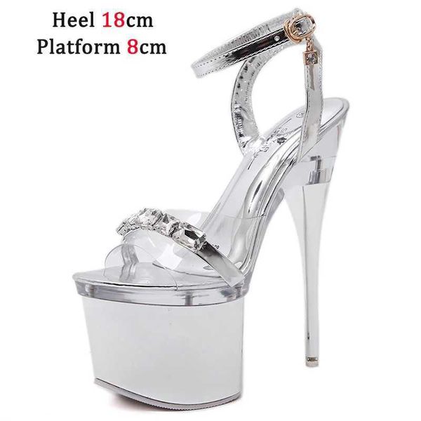 Zapatos de vestir Voesnees Super High Heel 18 cm Silver Stiletto Cross Straps Sandalias para mujer Club nocturno Sexo 41 42 43 Mujeres Pole Dance22I2 H240321