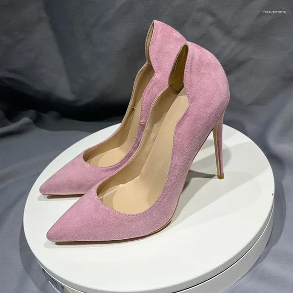 Zapatos de vestir Forma de onda Bombas de mujer básicas Bombas de gamuza rosa Tacones altos 10 cm Hembras Resbalón en punta Moda Chicas Mujer Tamaño 43 44 45