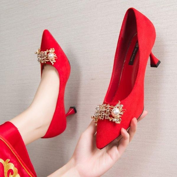 Robe chaussures mariage mariée 2021 chinois rouge talon pointu haut moyen mince Xiuhe grillage