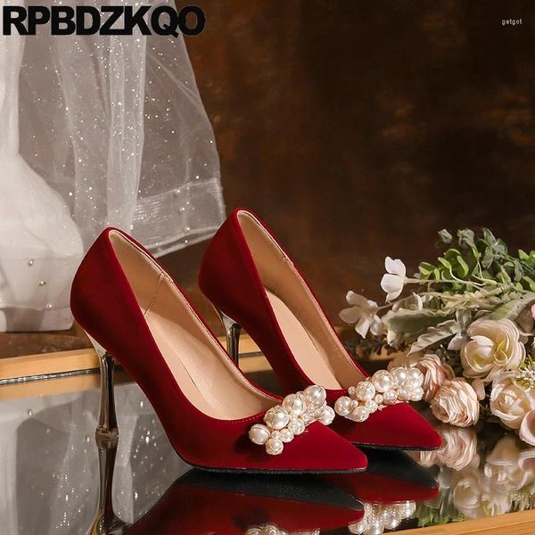 Zapatos de vestir boda de gran tamaño de gamuza de gamuza bombas con cuentas de amplio ajuste pequeño 33 slip on punta doe china tacones altos 43 stiletto perla