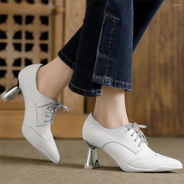 Zapatos de vestir para fiesta de boda para mujer, zapatos de tacón alto de cuero genuino con cordones, botines de oficina con punta estrecha y punta baja, informales