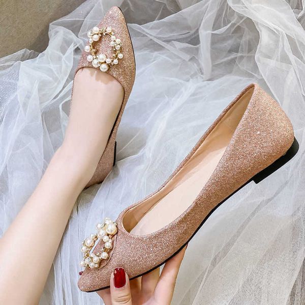 Zapatos de vestir Zapatos de boda mujeres 2022 nuevas mujeres embarazadas perla puntiaguda zapatos planos dama de honor tacón bajo boca baja lentejuelas de cristal solo zapatos mujeres 230201